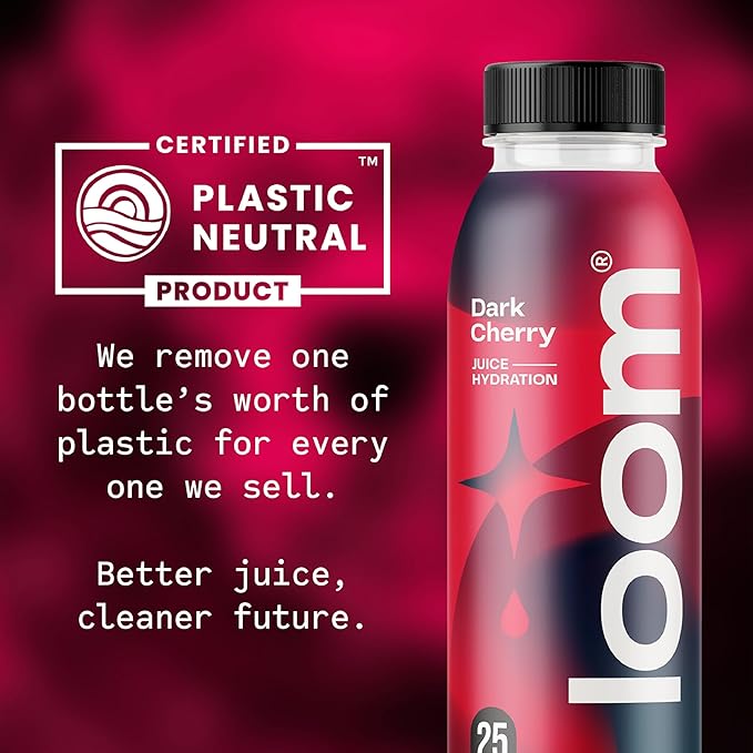 Dark Cherry Juice Drinks by Loom Low Sugar Juice Real Fruit No Added Sugar Healthy Hydration 30 Calories 12 oz bottles 12 pack