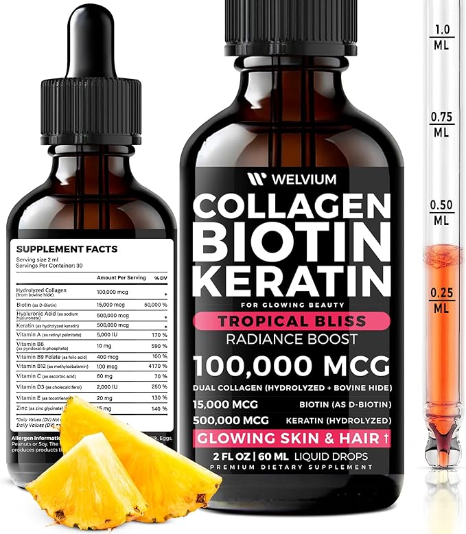 Liquid Biotin and Collagen Peptide Complex with Keratin Hyaluronic Acid MCT Oil Zinc Vitamins B6 B7 B12 A C D3 E - Hair Skin and Stronger Nails Supplement - 2 Pack