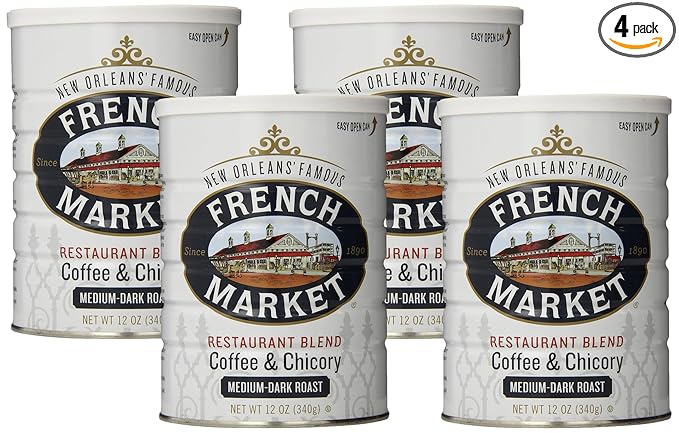 French Market Coffee &amp Chicory Restaurant Blend Medium-Dark Roast Ground Coffee Metal Can 12-Ounce (Pack of 4)