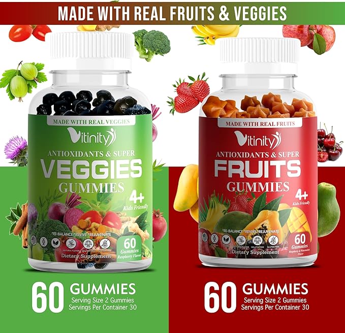 VITINITY Made with Real Fruit-Real Veggie Gummies-Superfood Vegetable Vitamin Supplement for WomenMenKids-Blend of Fruit and Greens for Daily Health.Fruits and Vegetables Supplements (30-Day Supply)