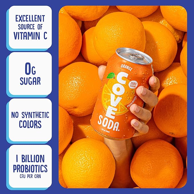 Cove Probiotic Soda Soft Drinks with Zero Sugar – Refreshing Functional Soda Alternative with Probiotics &amp Vitamin C – Naturally Flavored Caffeine-Free Sparkling Beverage - Orange 12 Pack