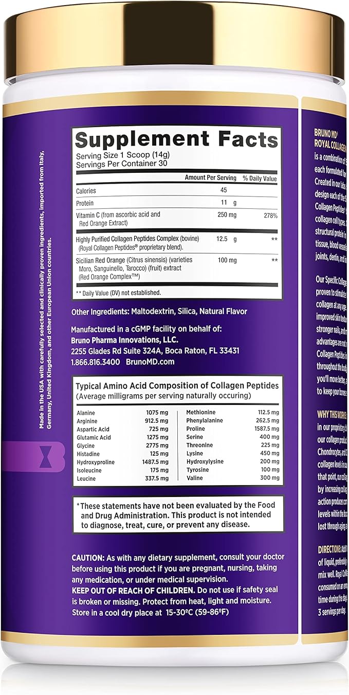 Royal Collagen Peptides Clinically proven Dietary Supplement Improves Skin &amp Cellulite European Sourced Improves the Look of Hair &amp Nails Blended with Vitamin C Bone &amp Joint Supplem