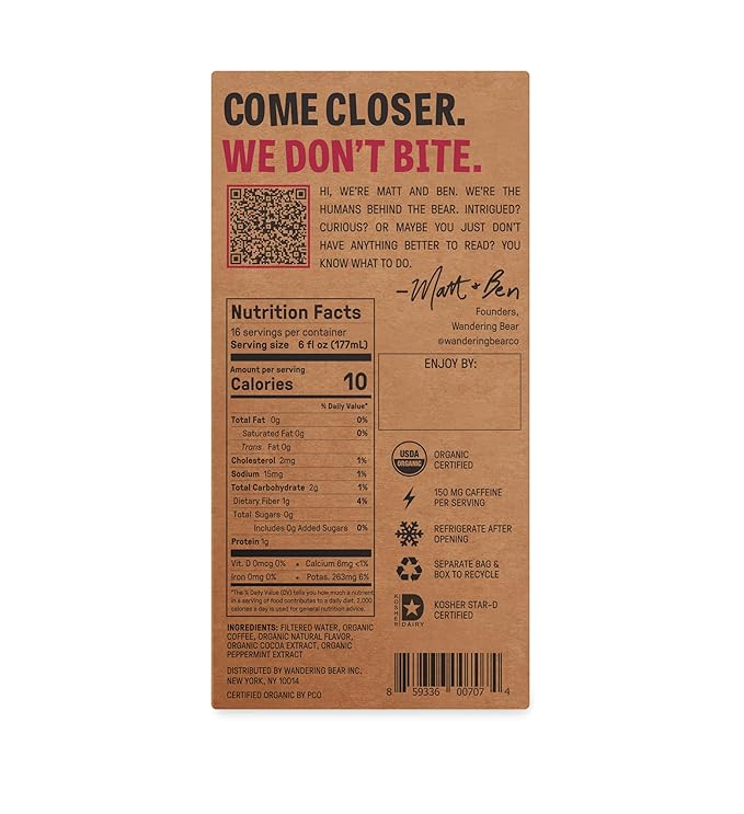 Wandering Bear Organic Peppermint Mocha Cold Brew Coffee On Tap Iced Coffee - Extra Strong Smooth Unsweetened Shelf-Stable Ready to Drink Peppermint Cold Brew - 16 Servings of 6fl.oz - 96fl.oz