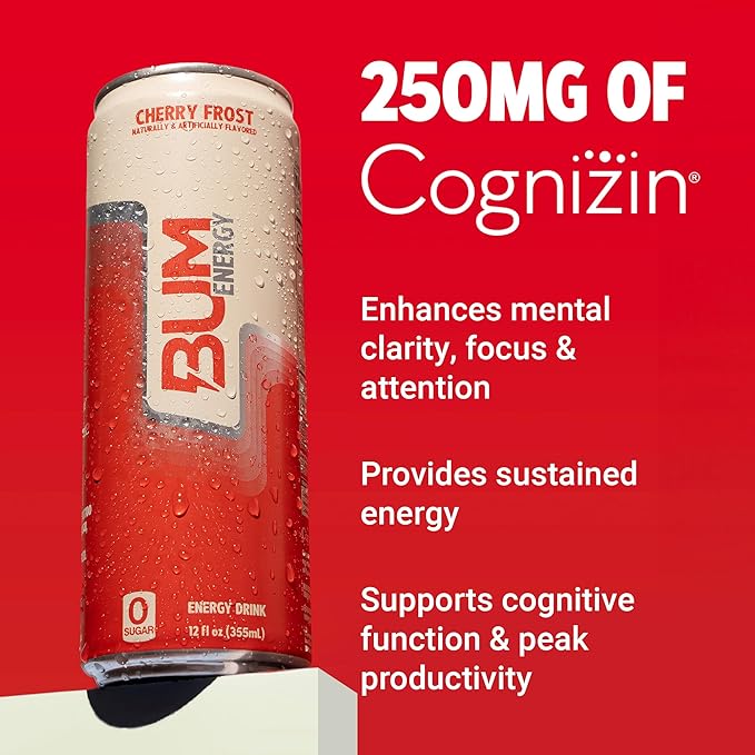 BUM Sugar-Free Energy Drink Cherry Frost - Lightly Carbonated &amp No Artificial Colors Natural Caffeine &amp Citicoline for Energy &amp Focus Brain Boost &amp Workout Sports Beverage - 12 oz