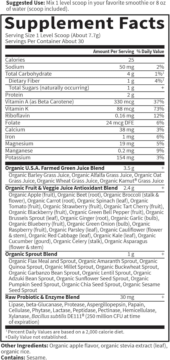 Garden of Life Raw Organic Perfect Food Green Superfood Juiced Greens Powder - Apple Flavor30 Servings - Vegan Gluten Free Whole Food Dietary SupplementGreens Plus Probiotics &amp Enzymes(Pack of