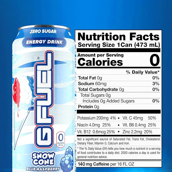 G Fuel Energy Drink Snow Cone Sugar Free Beverage with 300mg Caffeine Daily Energy Boost with Focus Amino Vitamin + Antioxidants 16 oz Cans (Snow Cone 12-Pack)