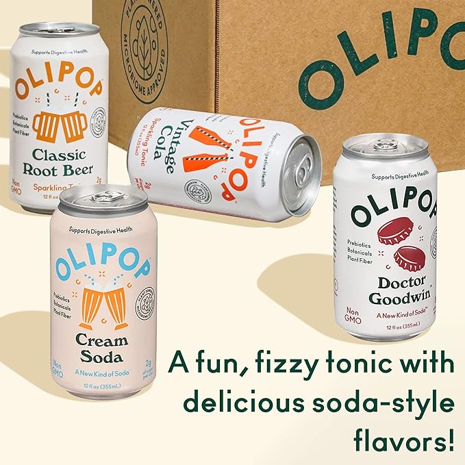 OLIPOP - 4-Flavor Sparkling Tonic Retro Greatest Hits Variety Pack Prebiotic Soda Sampler Rich in BotanicalsHigh Fiber Low-Sugar Low-Calorie Non-GMO (12oz 12-Pack)