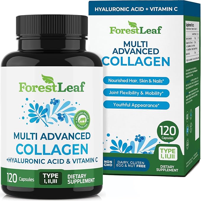 ForestLeaf Multi Collagen Pills with Hyaluronic Acid + Vitamin C | Hydrolyzed Collagen Supplements for Women or Men | Multi Collagen Capsules Peptides for Skin Wrinkles 120 Caps