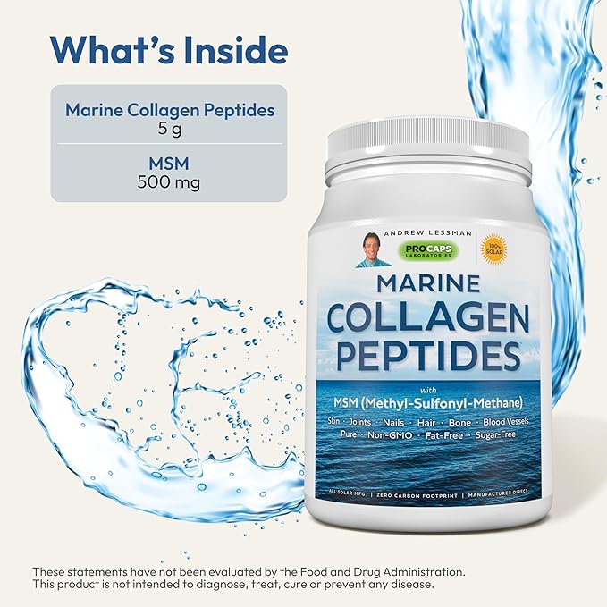 ANDREW LESSMAN Marine Collagen Peptides Powder and MSM 30 Servings - Supports Radiant Smooth Soft Skin Comfortable Joints. Pure. Super Soluble No Fishy Flavor No Additives Non-GMO