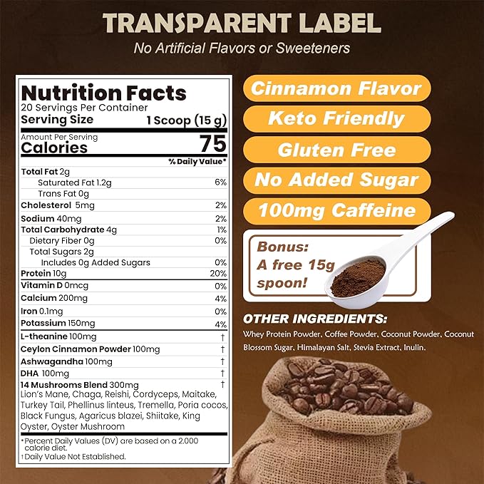 Protein Coffee Powder Whey Protein Iced Coffee | 14-Mushroom Blend with Reishi &amp Lion’s Mane L-Theanine Ashwagandha &amp DHA | No Added Sugar Keto Friendly Gluten Free | Cinnamon Flavor 20