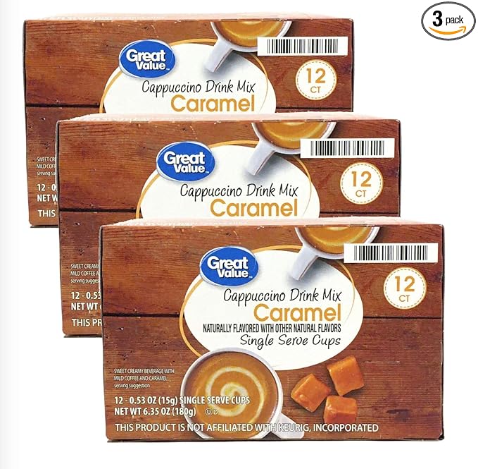 Great Value Cappuccino Coffee and Hot Drink Single Serve Pods 12 Count (Caramel Cappuccino Pack of 3)