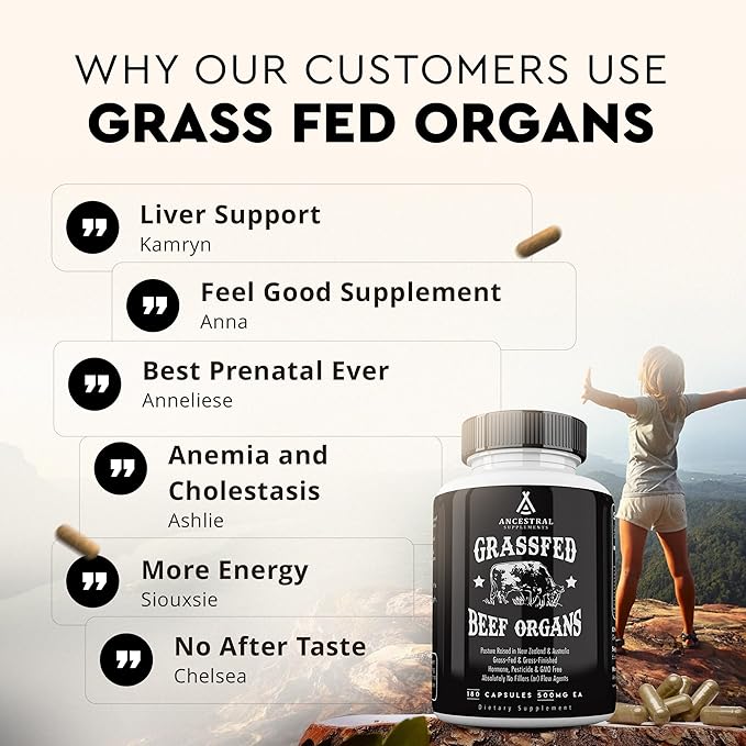 Ancestral Supplements Grass Fed Beef Organ Supplement Supports Whole Body Wellness with Proprietary Blend of Liver Heart Kidney Pancreas Spleen Freeze-Dried Beef Non-GMO 180 Capsules