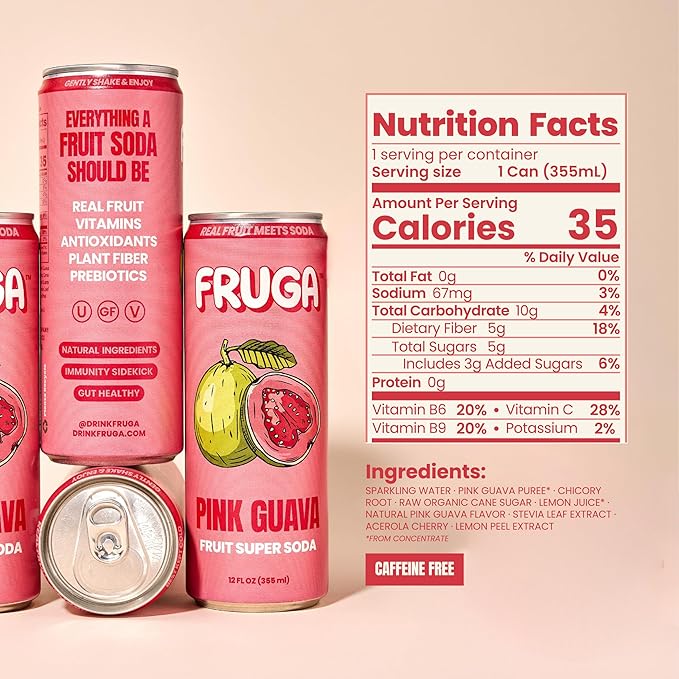 FRUGA Pink Guava Sparkling Fruit Super Soda Prebiotic Soda Low Calorie Healthy Soda Benefits and Vitamin Boost 12 Fl Oz (Pack of 12)