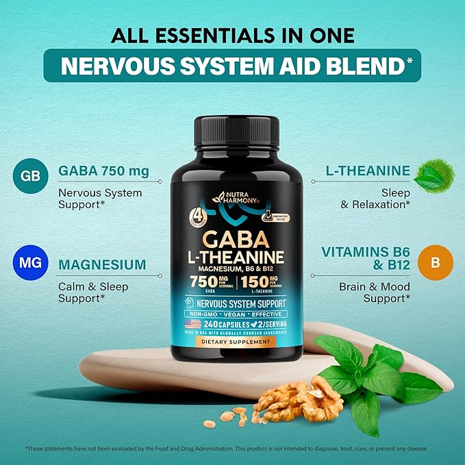GABA L-Theanine 900 mg - Made in USA - Magnesium | Vitamin B6 - Calm Sleep Relaxation &amp Mood Support - 750 mg Gamma AminoButyric Acid 150 mg L-Theanine - Non-Habit Forming Vegan - 240 Capsules