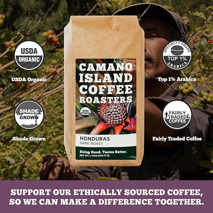 Camano Island Coffee Roasters Honduras Dark Roast Whole Bean 12oz Fresh Small Batch Roasted USDA Organic Fairly Traded Shade Grown Top 1% Arabica - Molasses Brown Sugar Cinnamon Flavor