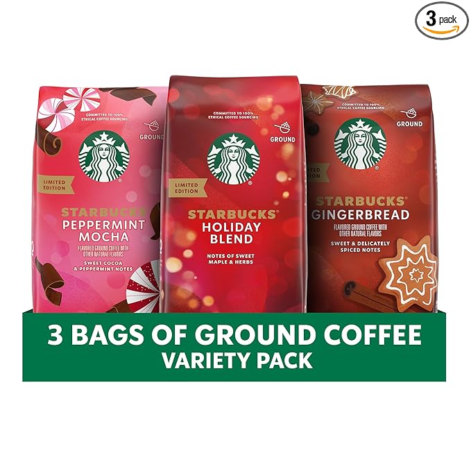 Starbucks Ground Coffee Medium Roast And Naturally Flavored Coffee Limited Edition Holiday Coffee Variety Pack 100% Arabica 3 Bags (32 Oz Total)