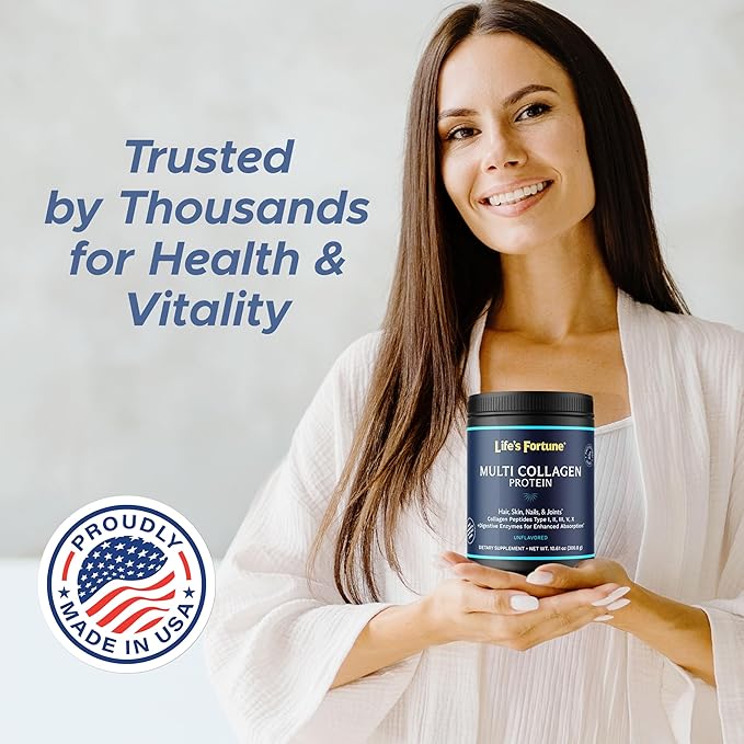 Life's Fortune Multi Collagen Peptides Powder Drink Plus for Women &amp Men - Type I II III V X Blend with Digestive Enzyme – for Skin Hair Nails Joints Health Unflavored 30 Serv (60 Servi