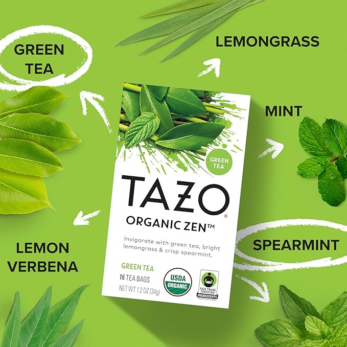 TAZO Organic Zen Green Tea Bags Caffeine Free Tea with Refreshing Lemongrass &amp Spearmint 96 Total Tea Bags (16ct - Pack of 12)