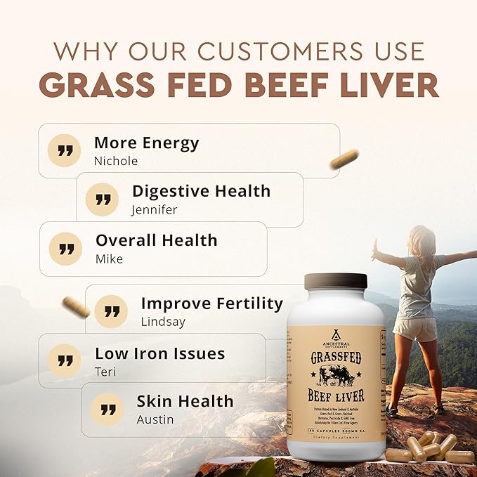 Ancestral Supplements Grass Fed Beef Liver 180 Capsules Supports Energy Production Detoxification Digestion Immunity and Full Body Wellness Non-GMO Freeze Dried Liver Health Supplement