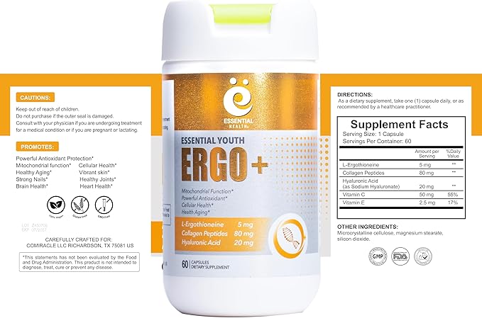 Essential Youth L-Ergothioneine with Collagen Peptides Hyaluronic Acid Vitamin C and E – Promotes Longevity &amp Healthy Aging – Gluten-Free – Non-GMO - 60 Capsules