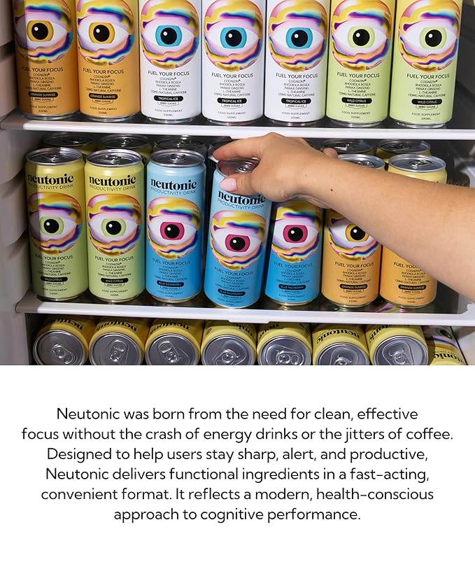 Neutonic Nootropic Productivity Energy Drink | Blue Raspberry 12 Cans | 120mg Natural Caffeine Zero Sugar | Support Memory Mental Clarity Cognitive Function | Boost Focus Energy Brain Health