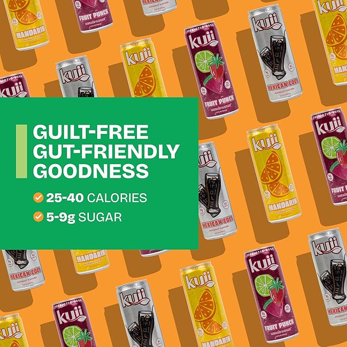 Kuii Prebiotic Soda Variety Pack – 12 Count with Mexican Cola Mandarin &amp Fruit Punch Flavors – Sparkling Gut-Friendly Drinks for Refreshing Guilt-Free Hydration 12 fl oz Cans