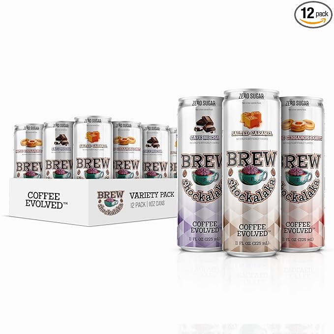 Brew Shockalaka Cafe Mocha Coffee RTD 12-Pack - Nootropic Enhanced Zero Sugar Natural Caffeine + CognatiQ Coffee Evolved (11 FL OZ) (3 Flavor Variety Pack)