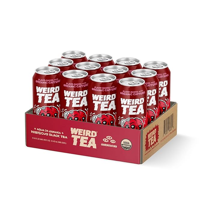 Drink Weird Organic Agua de Jamaica Hibiscus Black Tea – 16oz Cans 160mg Organic Caffeine Pack of 12 – Bold &amp Refreshing Energy Drink Alternative