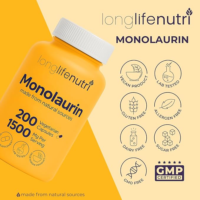 LongLifeNutri Monolaurin 1500mg - Potent Glycerol from Coconut 200 Vegetarian Capsules Organic Supplement for Gut Balance &amp Natural Defense 100-Day Supply GMP Certified Made in USA