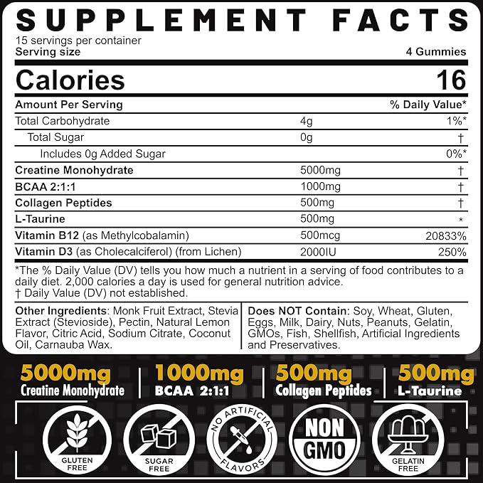Creatine Monohydrate Gummies for Men &amp Women - with BCAA Collagen Peptides L-Taurine Vitamin B12 D3 Chewables Creatine Monohydrate 5g Per Serving Natural Lemon Flavor Sugar Free 2 Pack
