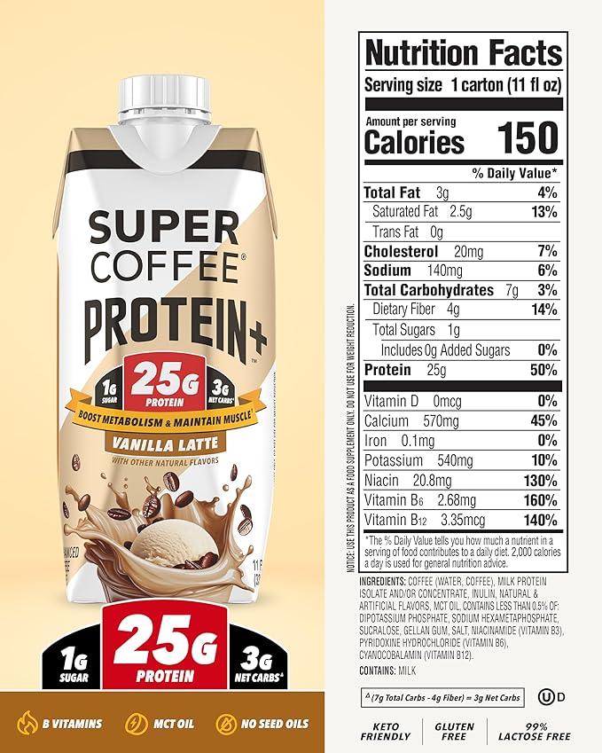SUPER COFFEE+ Keto Coffee (0g Added Sugar 150 Calories) [Vanilla] 11 Fl Oz 18 Pack | Iced Smart Coffee Drinks