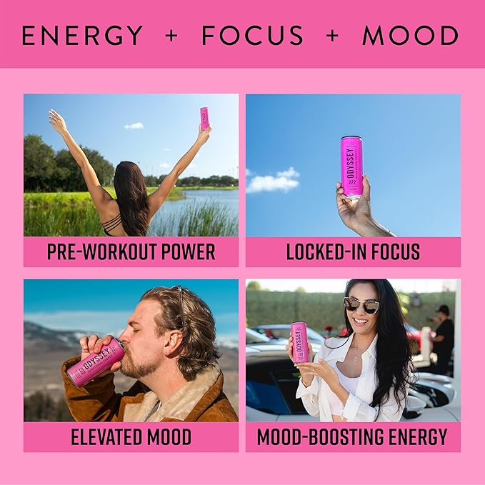 Odyssey Functional Energy Drink for Focus Cognition &amp Mood Support 12 Pack - Adaptogenic Drink with 222mg Green Tea Caffeine Lion’s Mane Cordyceps L-Theanine &amp Ginseng - Sparkling Pink Lem