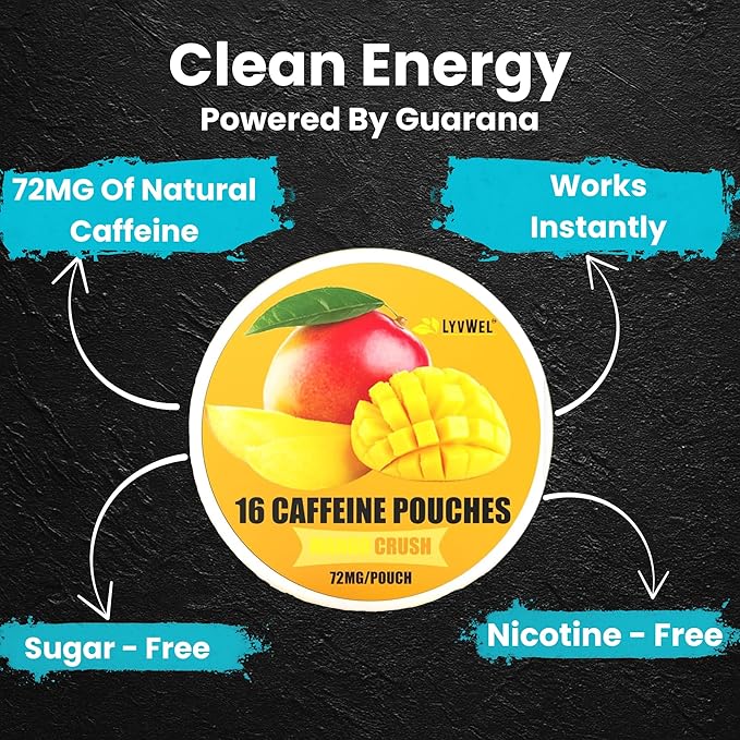 LyvWel 72mg Caffeine Energy Pouches – Blueberry Ice – Frosted Berry Energy with Guarana – 5-Pack (80 Total Pouches)