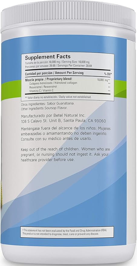 Premium Hydrolyzed Collagen (Colageno) Powder by Betel Natural - Healthy Skin Hair and Nails Support - Guanabana (Soursop) Flavor