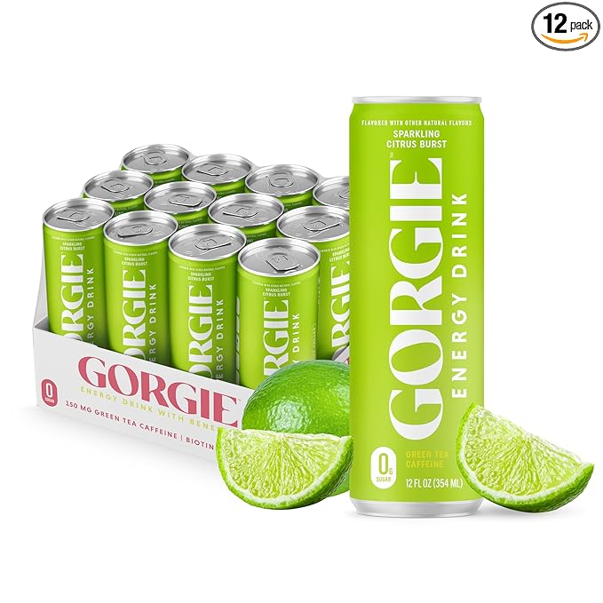 GORGIE Sugar Free Natural Energy Drinks Sparkling Citrus Burst (12 Pack) - Healthy Energy Drinks - Natural Coffee Replacement with Green Tea Caffeine and Biotin - 150mg Caffeine Vegan &amp Low Cal