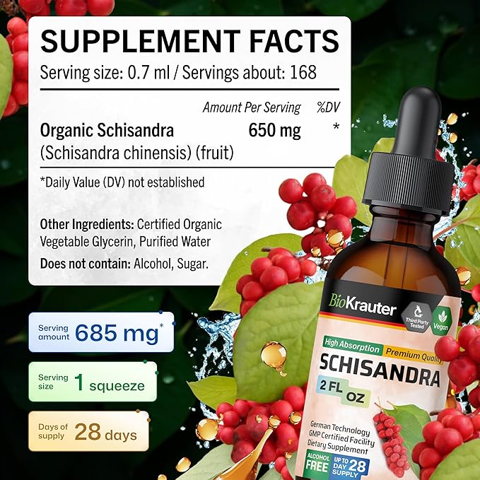 BIO KRAUTER® Schisandra - Liquid Drops Schisandra Berry 650 mg per Serving 2 Fl.Oz 28-Day Supply - Pure Vegan Calm &amp Mood Support Supplement - Alcohol &amp Sugar Free - Natural Calm Drops for Rel