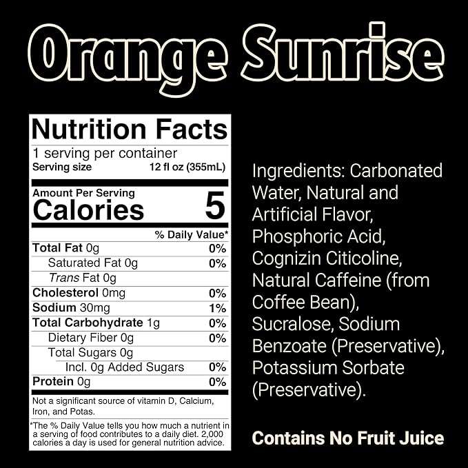 BUM Sugar-Free Energy Drink Orange Sunrise - Lightly Carbonated &amp No Artificial Colors Natural Caffeine &amp Citicoline for Energy &amp Focus Brain Boost &amp Workout Sports Beverage - 12 oz