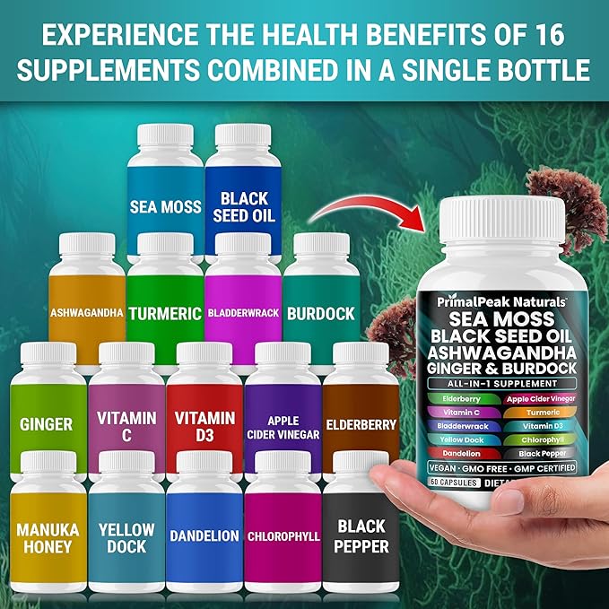 Sea Moss Black Seed Oil Ashwagandha Ginger Burdock Bladderwrack Turmeric &amp Vitamin C Vitamin D3 with ACV Elderberry Chlorophyll Dandelion Yellow Dock Vegan Capsules - 120 Count