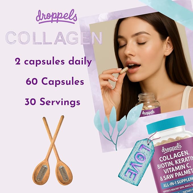 Droppels Collagen Capsules – Advanced Collagen + Biotin + Keratin + Vitamin C – Hair Skin Nails &amp Joints Support – 60 Count Dietary Supplement