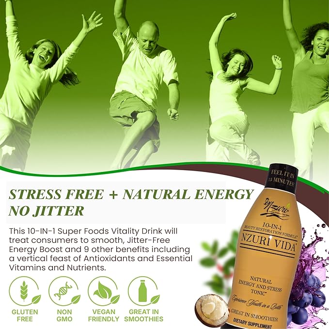 Nzuri Vida All-Natural Energy &amp Stress Support Tonic 10-in-1 Total Body Restoration Drink with Acai Berry Cupuacu &amp Yerba Mate. Smooth Energy Calm Focus Detox &amp Immune Support 4 Ounces