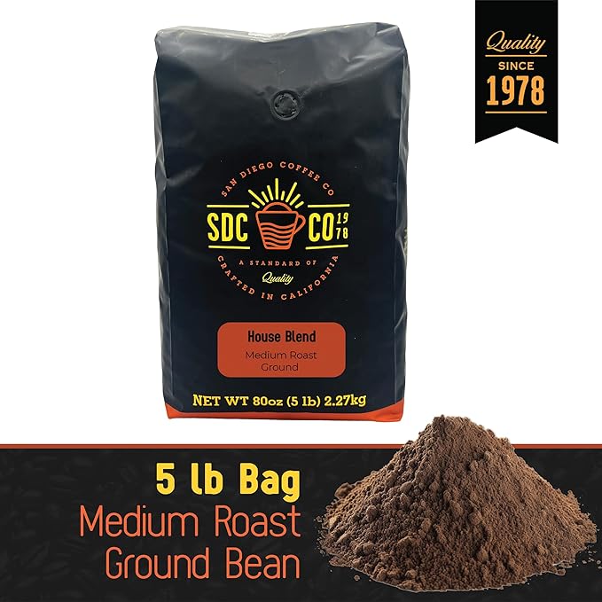 San Diego Coffee Organic House Blend Medium Roast Ground Coffee 5-Pound Bag Café molido tostado