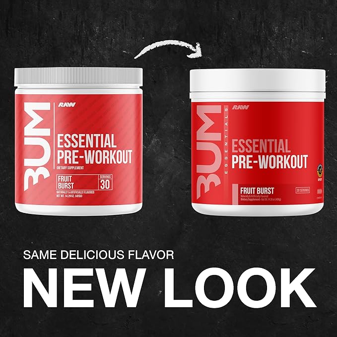RAW Essential Pre-Workout Powder (Fruit Burst) - Chris Bumstead Sports Nutrition Supplement for Men &amp Women - Preworkout Energy Powder with Caffeine L-Citrulline L-Tyrosine &amp Beta Alanine B