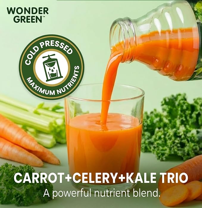 Wonder Green 100% Organic Carrot Celery &amp Kale Cold Pressed Juice 8.45 oz (6 Pack) | Vegetable Juice Blend All Natural No Additives or Preservatives Not from Concentrate