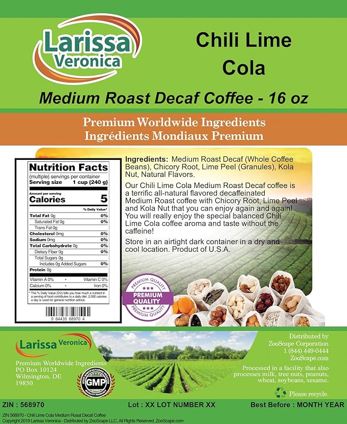 Chili Lime Cola Medium Roast Decaf Coffee (Gourmet Naturally Flavored Whole Coffee Beans) (16 oz ZIN: 568970)