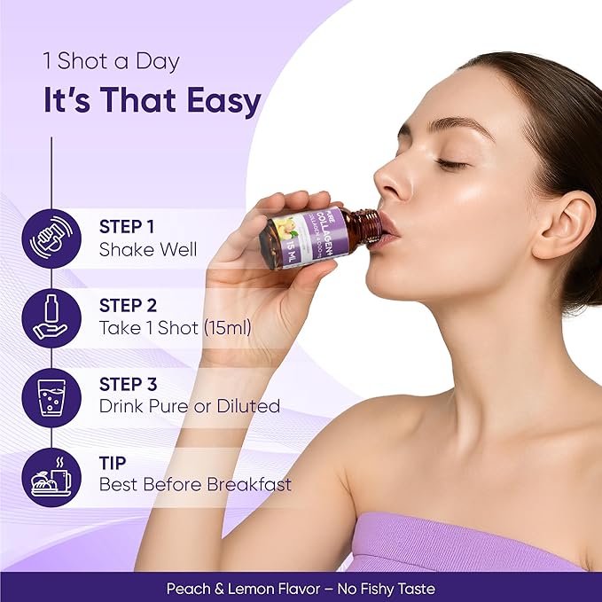 ERIC FAVRE Pure Collagen+ Liquid Collagen for Women – 4000mg Marine Peptides for Radiant Skin Hair &amp Nail Health – Hyaluronic Acid Vitamin E – 10 Shots Peach Lemon Flavor