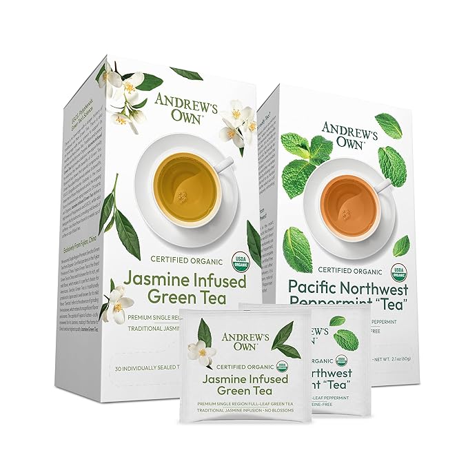 ANDREW LESSMAN Tea - Variety Pack - Jasmine Infused Green Tea + Peppermint Tea 30 Sachets Each - Certified Organic. Refreshing Soothing. Ultra-Mild Flavor. Rich in Healthy EGCG. No Bitter Aftertaste