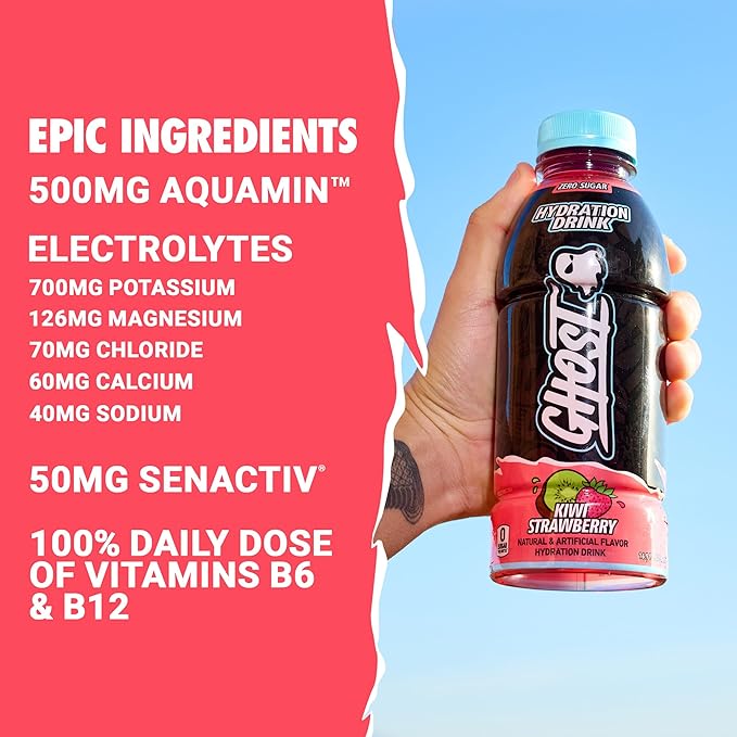 GHOST Hydration Drink Kiwi Strawberry- RTD Sports Drink with Electrolytes Natural Vitamins &amp Minerals - All Day Lifestyle Hydration Beverage - Zero Caffeine &amp Zero Sugars - 16.9 Fl Oz 12 Pa