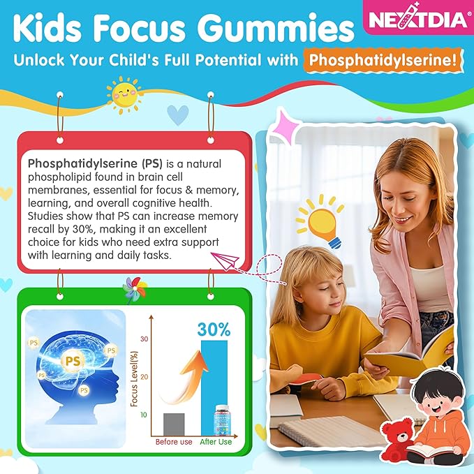 Phosphatidylserine Supplement 100mg Focus Gummies for Kids Teens + Vitamin C &amp D3 400IU Sugar Free Kids Brain Gummies Increase Attention &amp Concentration Chewable Vegan Gluten Free Non-GM