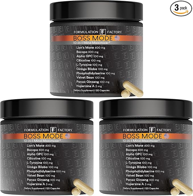 Formulation Factory Boss Mode 10-in-1 Nootropic Cognitive Enhancement Supplement Focus &amp Memory Booster Featuring Lion’s Mane Bacopa Monnieri Alpha-GPC Ginseng &amp More 360 Capsules (3 Pack
