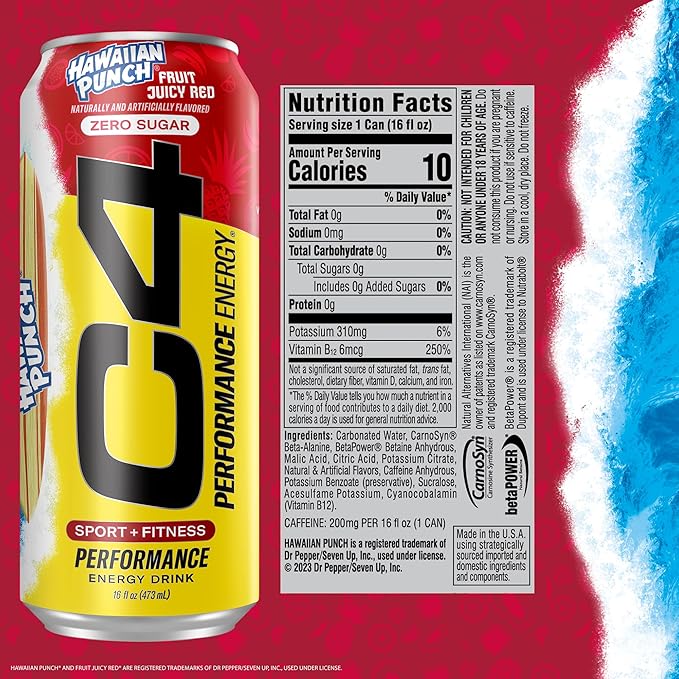 C4 Energy Drink Hawaiian Punch Fruit Juicy Red Carbonated Sugar Free Pre Workout Performance Drink with no Artificial Colors or Dyes 16oz (Pack of 24)